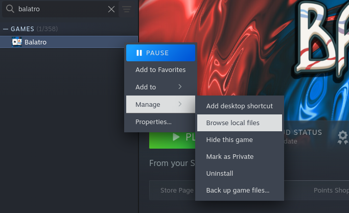 Sub-menu da biblioteca Steam, clique direito no jogo instalado, selecionado 'Manage' e então 'Browse local files'.